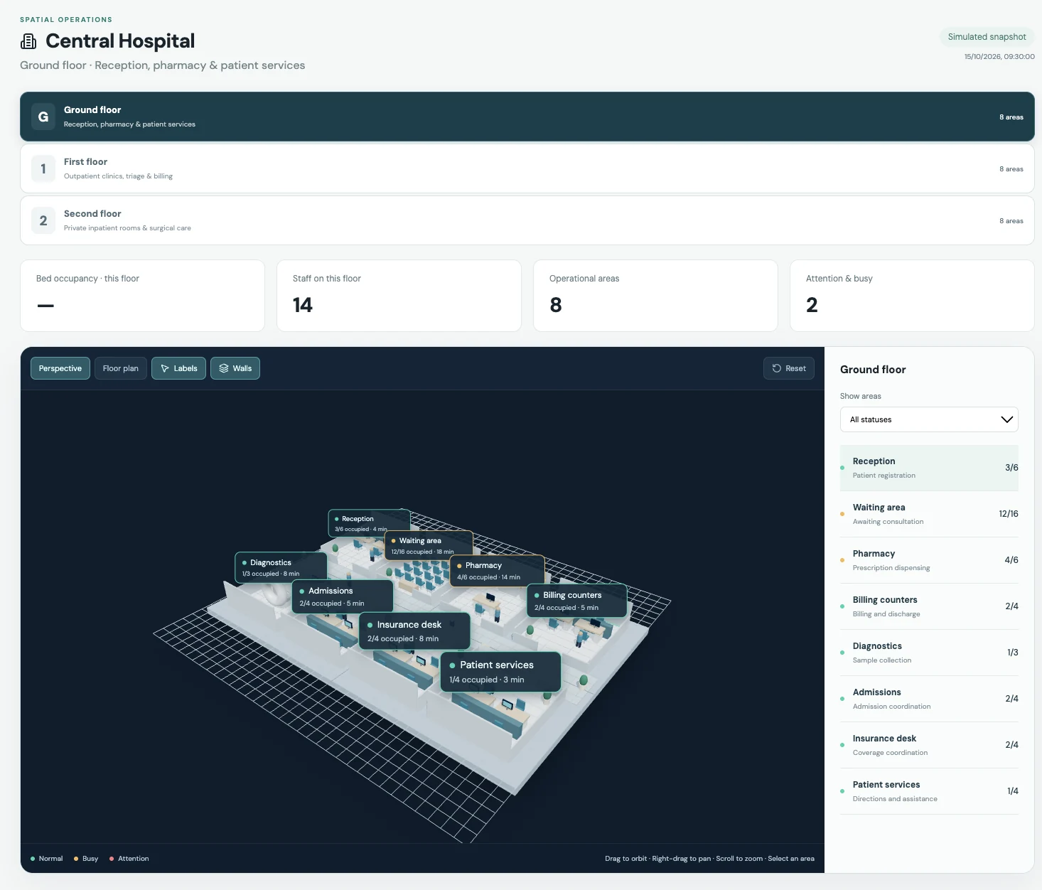 Hospital floor plan digital twin with occupancy status and areas